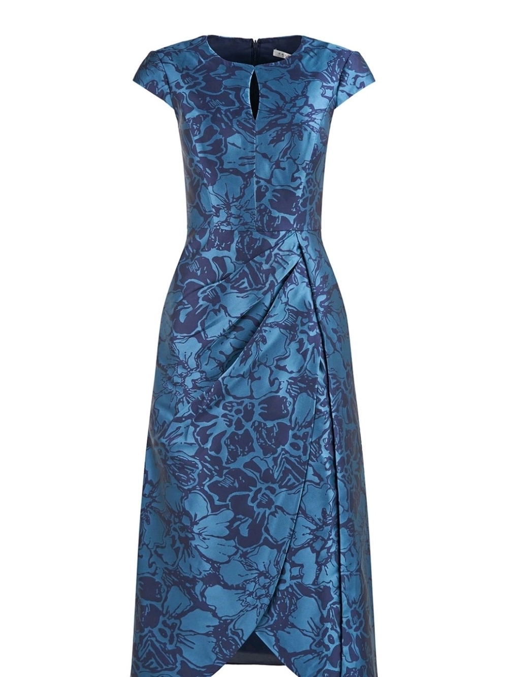 Kay Unger Blue Jacquard Tulip-Front Cap Sleeve Midi Dress